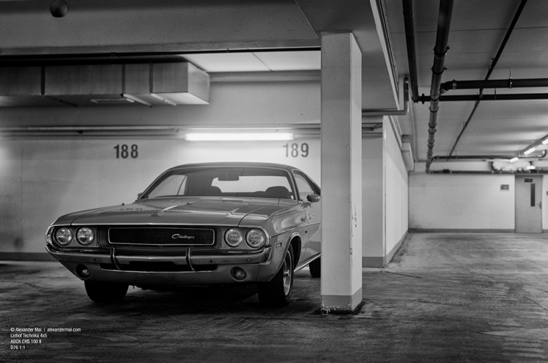 Black and white photo of classic car shot on Adox film