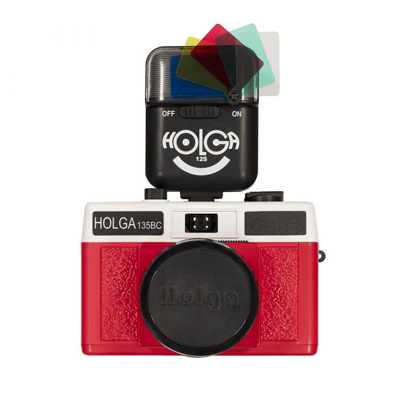 Red Holga 135 camera with flash
